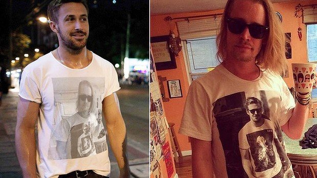 Маколей Калкин носит футболку с изображением Райана Гослинга, носящего футболку с Маколеем Калкиным